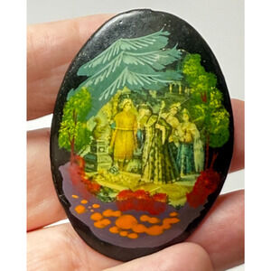 Vintage Russian Lacquer Wood Brooch Fairy Tale Folk Miniature Magic Squirrel '96